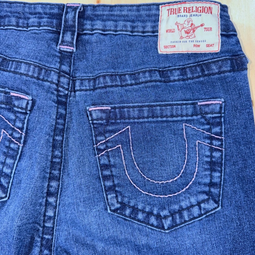 True Religion Jennie Curvy Mid Rise Super Skinny Jeans Blue Pink Stitch Size 31